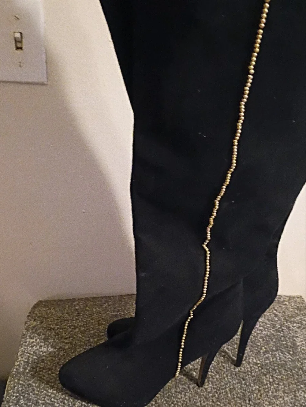 Bebe Black Knee-High Stiletto Boots with Gold Chain Detail Size 10